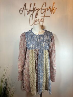 Free People Patchwork Smocked Tunic - Blue, Pink & Cream